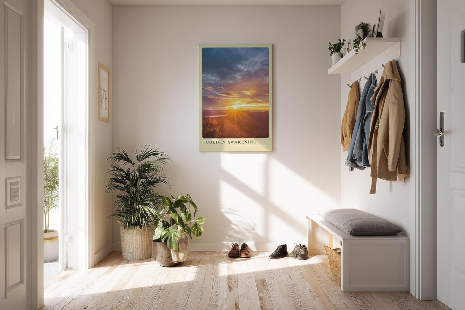 Paul Sinus Kunstdruck 40x60cm Golden Awakening – Sonnenaufgang über der Landschaft in leuchtendem Gold und Orange