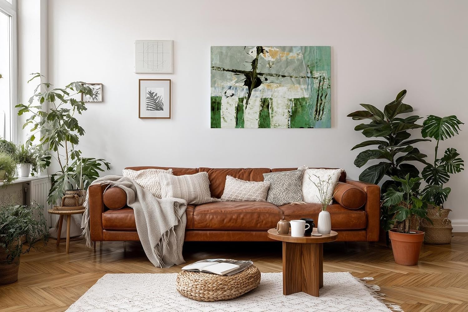 Sinus Art Wandbild 120x80cm Grüne und weiße Pinselstrukturen mit vertikalen Elementen und abstrakten Flächen