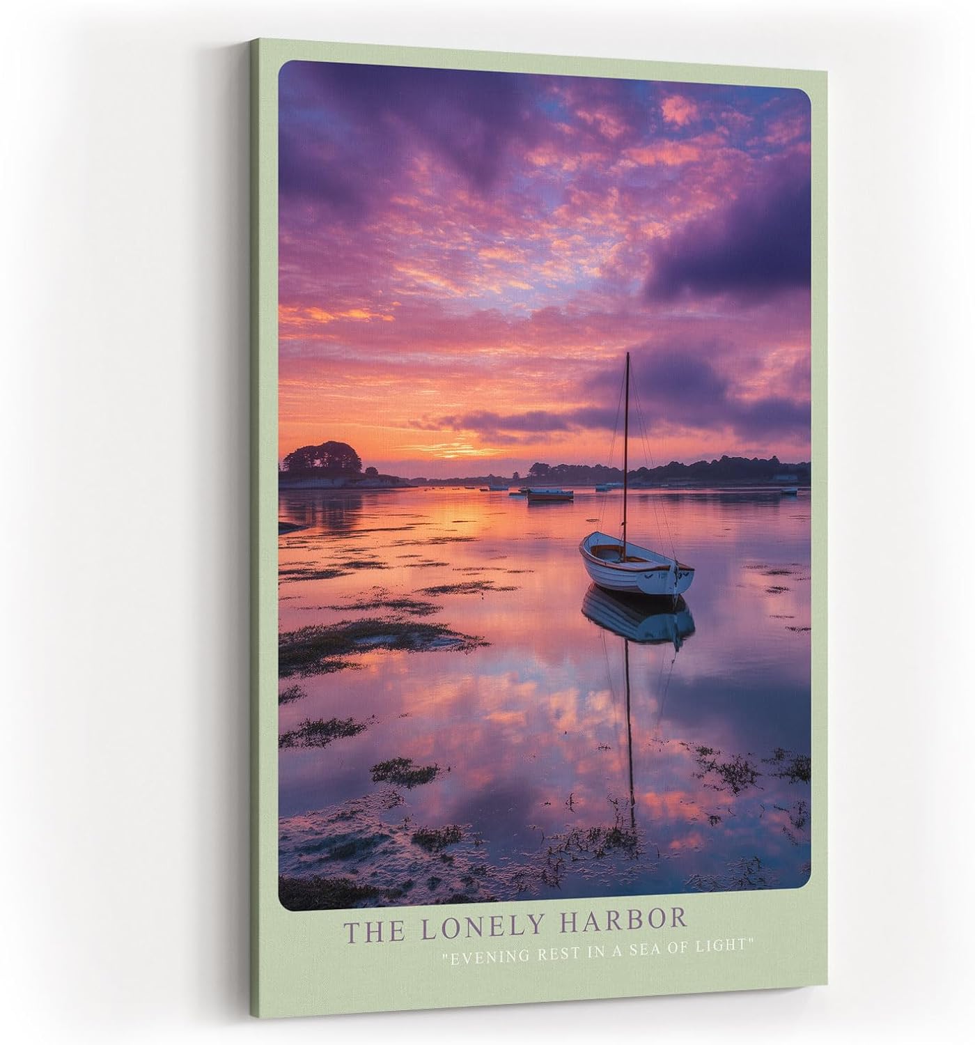 Paul Sinus Wandbild in 40x60cm Boot im Hafen bei Sonnenuntergang mit violett-pinkfarbenem Himmel und ruhigem Wasser