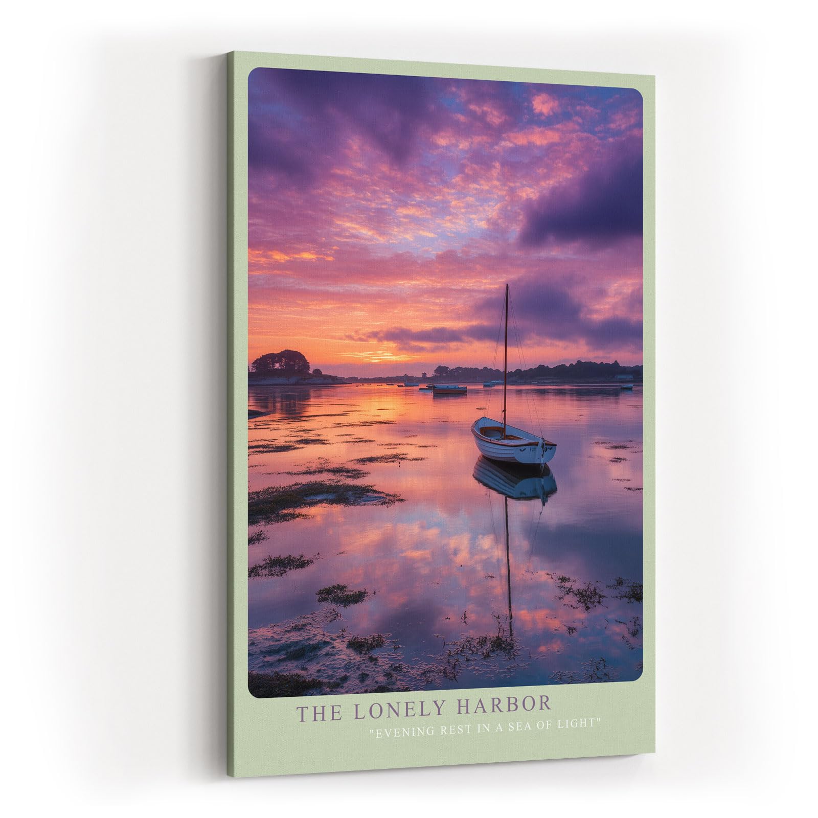Paul Sinus Wandbild in 40x60cm Boot im Hafen bei Sonnenuntergang mit violett-pinkfarbenem Himmel und ruhigem Wasser