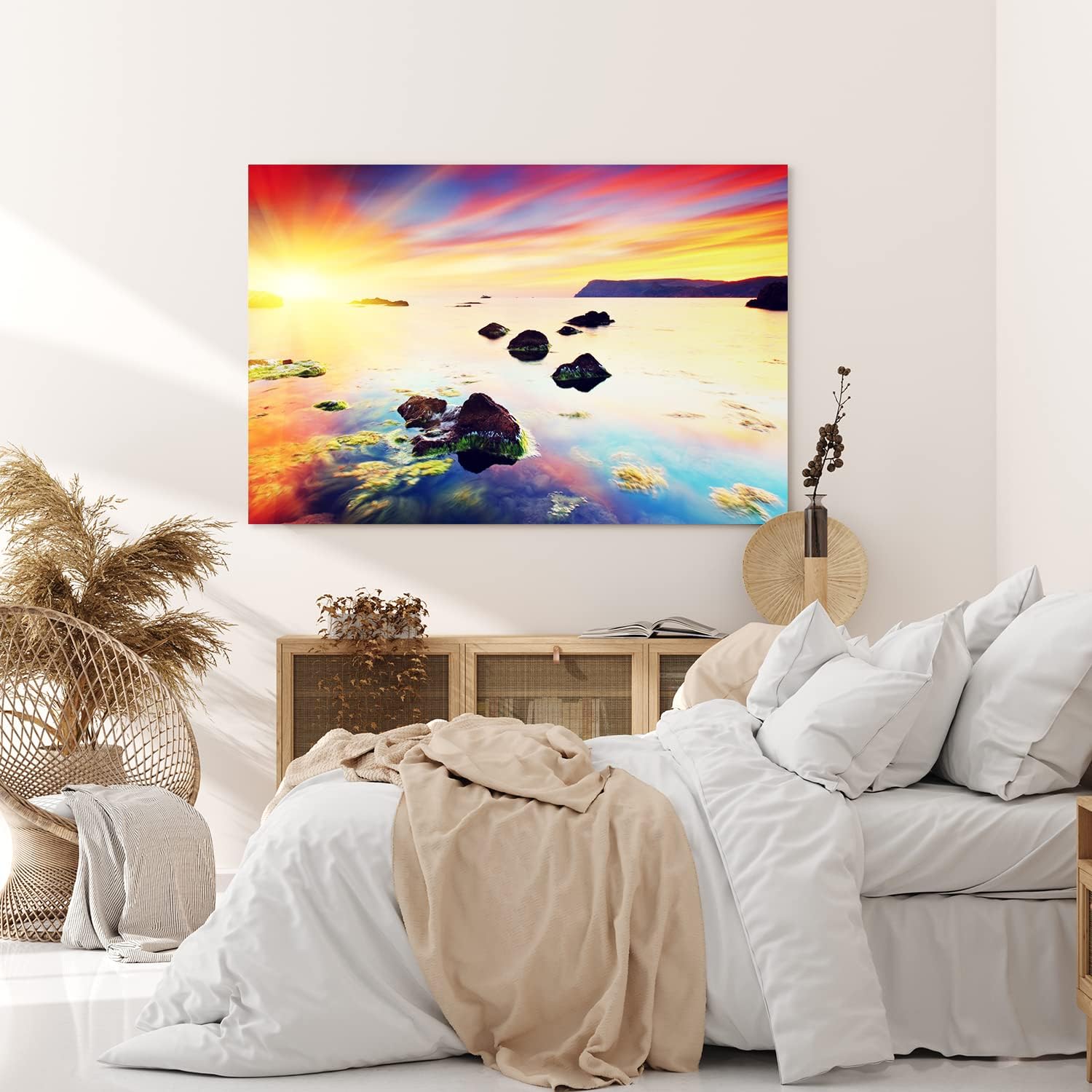 Paul Sinus Wandbild 120x80cm Meer Felsen Küste Sonne Sonnenstrahl Horizont Rot