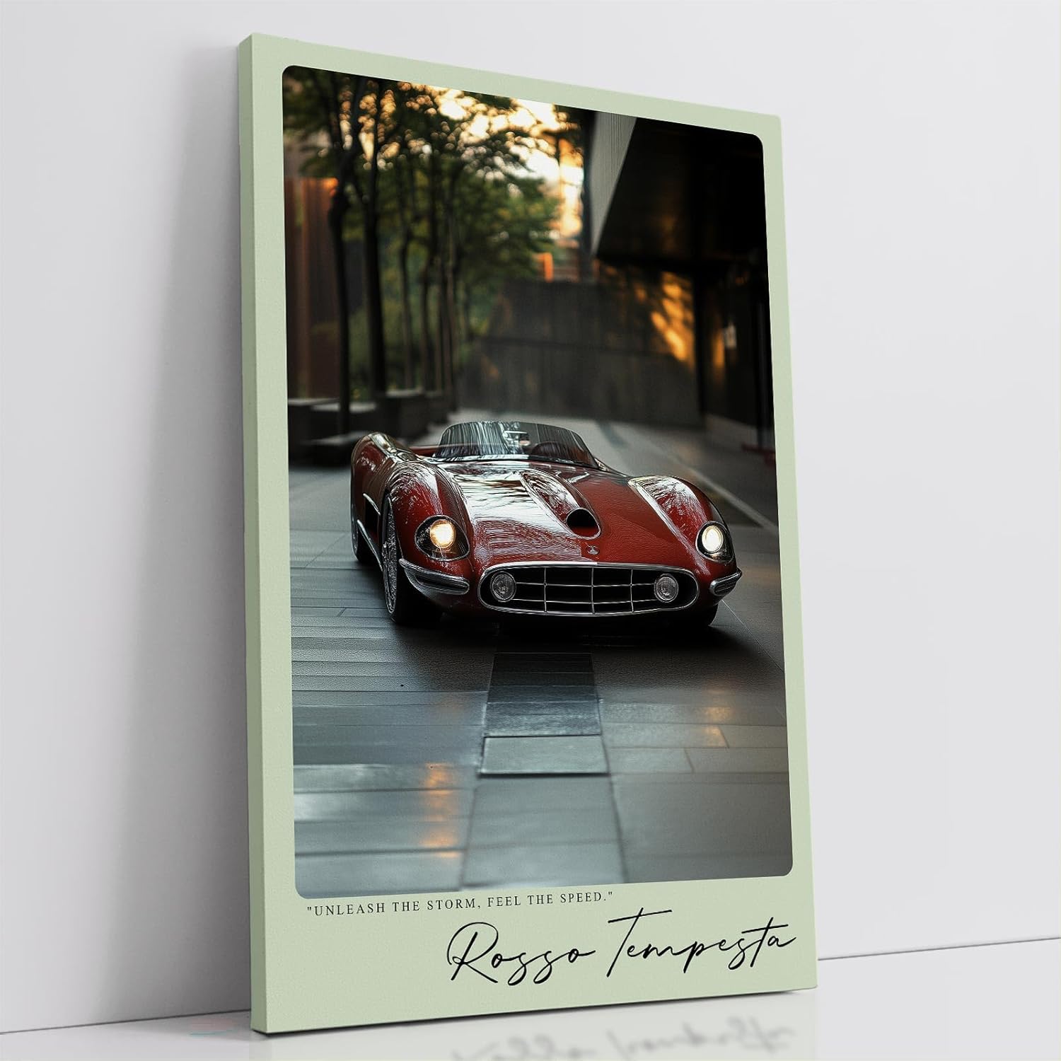 Paul Sinus Leinwandbild 40x60cm Rosso Tempesta Leinwandbild legendärer Sportwagen in urbaner Umgebung dynamisches Design und pure Geschwindigkeit