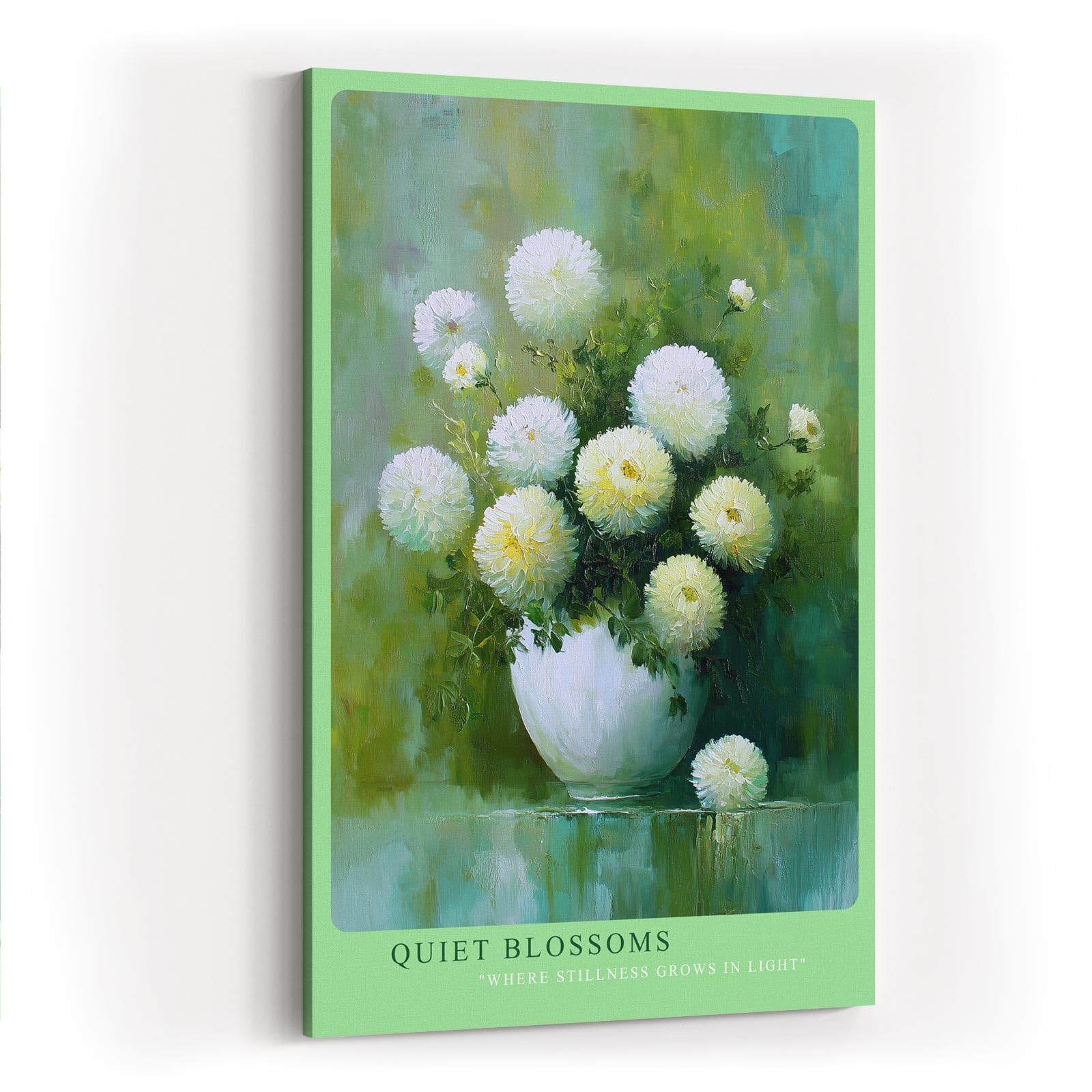 Paul Sinus Wandbild in 40x60cm Quiet Blossoms zartes Stillleben mit weißen Chrysanthemen in weißer Vase vor grünem Hintergrund