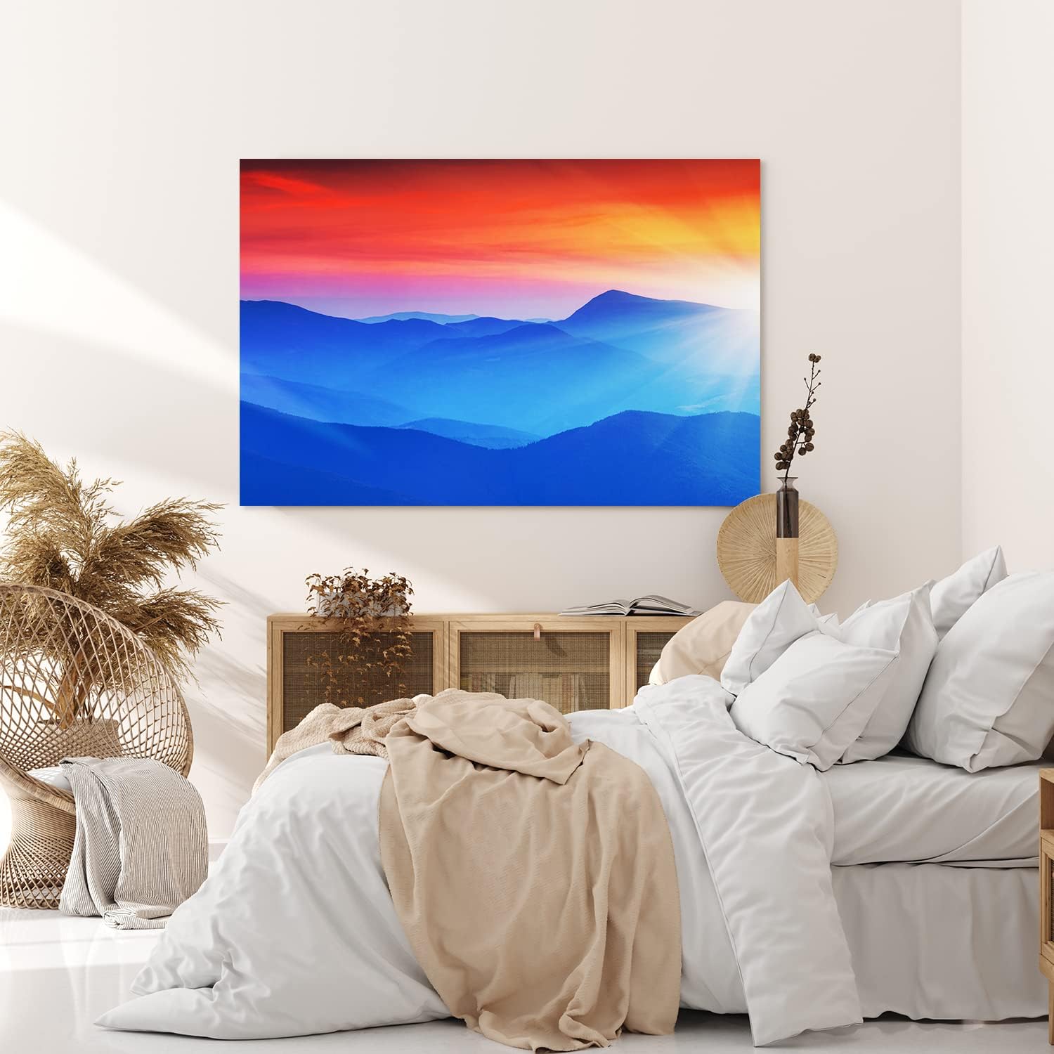 Paul Sinus Wandbild 120x80cm Gebirge Berge Blau Rot Sonnenstrahlen Bergkette
