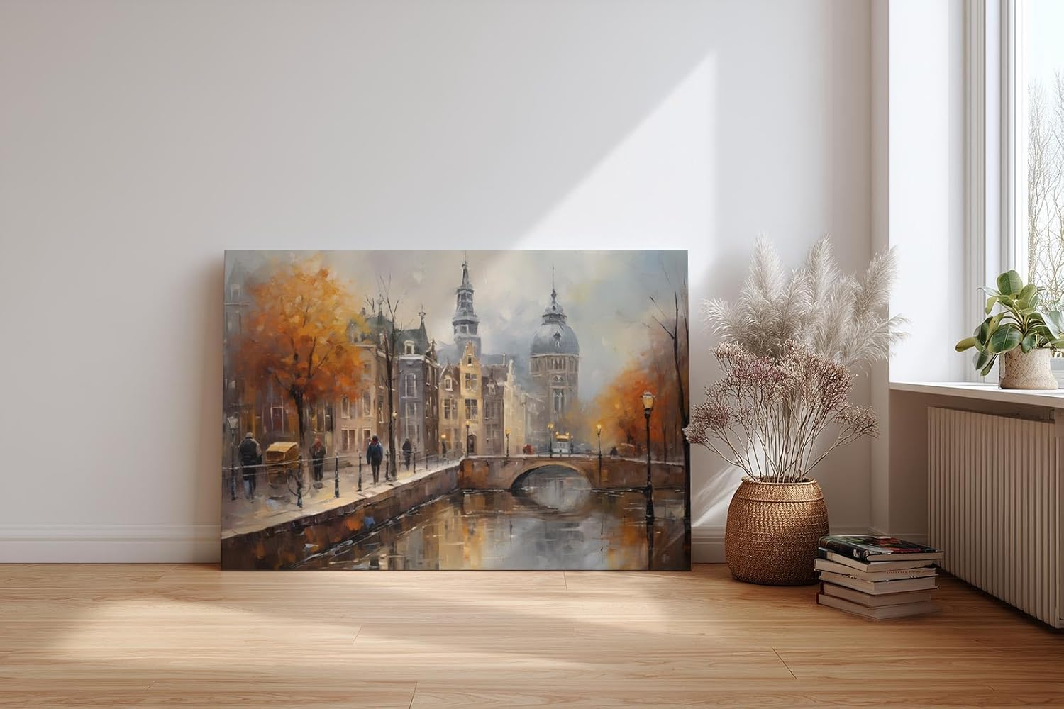 Sinus Art Wandbild 120x80cm Stimmungsvolle Darstellung von Amsterdam mit Kanal Brücke und Altstadt bei herbstlichem Licht