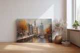 Sinus Art Wandbild 120x80cm Stimmungsvolle Darstellung von Amsterdam mit Kanal Brücke und Altstadt bei herbstlichem Licht