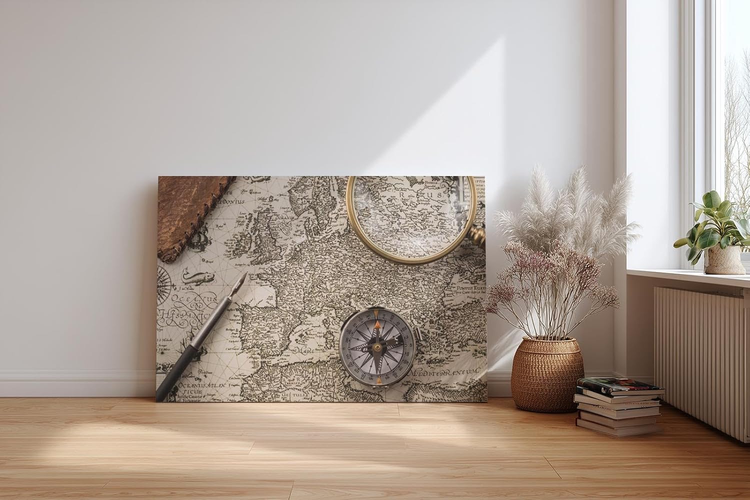 Sinus Art Wandbild 120x80cm Historische Weltkarte mit Lupe und Kompass – Symbol für Entdeckergeist und Zeitgeschichte