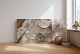Sinus Art Wandbild 120x80cm Historische Weltkarte mit Lupe und Kompass – Symbol für Entdeckergeist und Zeitgeschichte