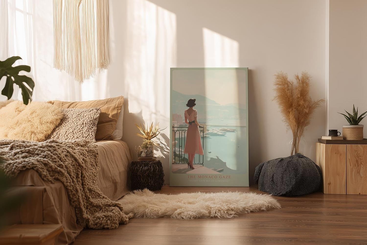 Paul Sinus Wandbild in 40x60cm elegante Frau mit Blick auf Yachthafen von Monaco in pastelligen Farben – stilvolles Retro-Reiseposter für zeitlose Wohnakzente