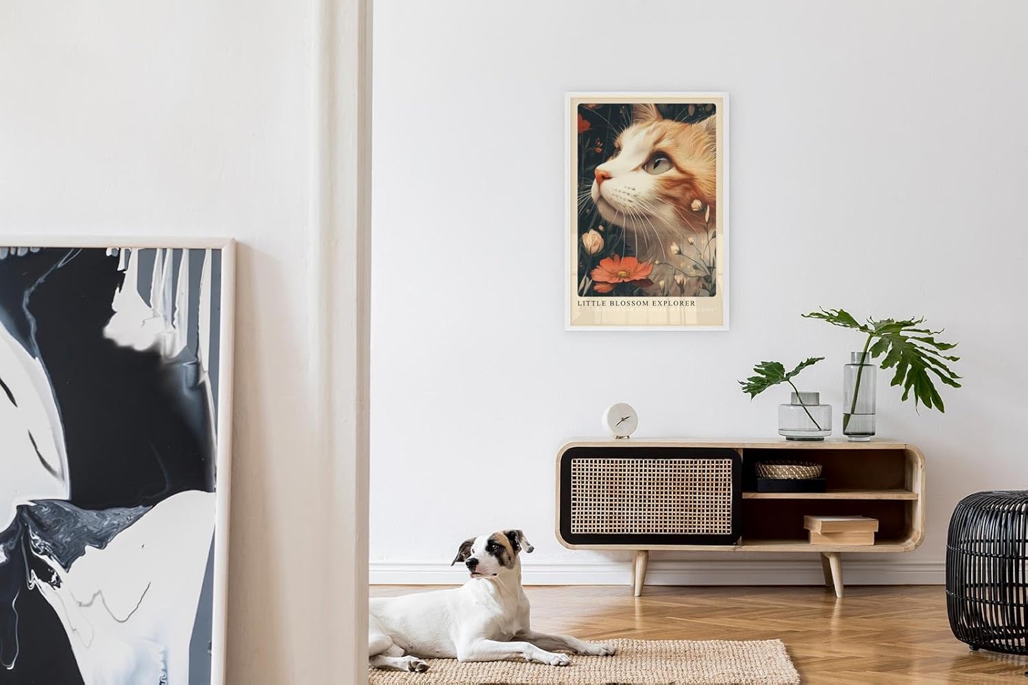 Paul Sinus Leinwandbild 40x60cm bezauberndes Katzenporträt mit neugierigem Blick inmitten blühender Blumen, kunstvolle Naturillustration