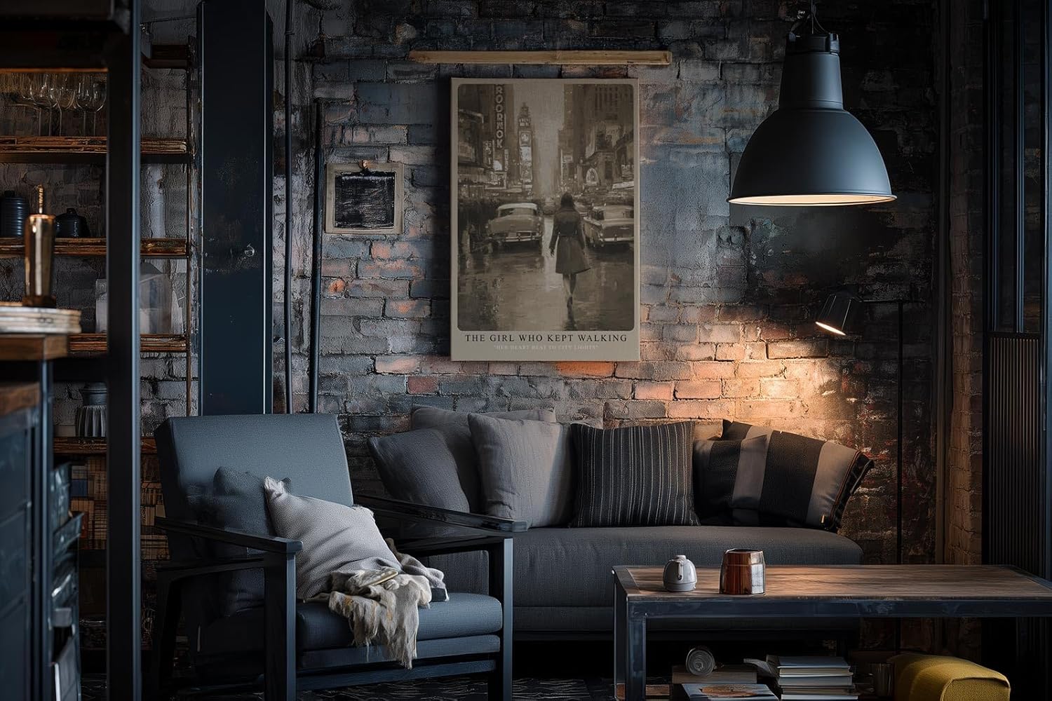 Paul Sinus Wandbild in 40x60cm The Girl Who Kept Walking Retro City Street Scene in Sepia with Vintage Cars and Rainy Atmosphere