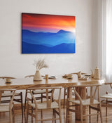 Paul Sinus Wandbild 120x80cm Gebirge Berge Blau Rot Sonnenstrahlen Bergkette