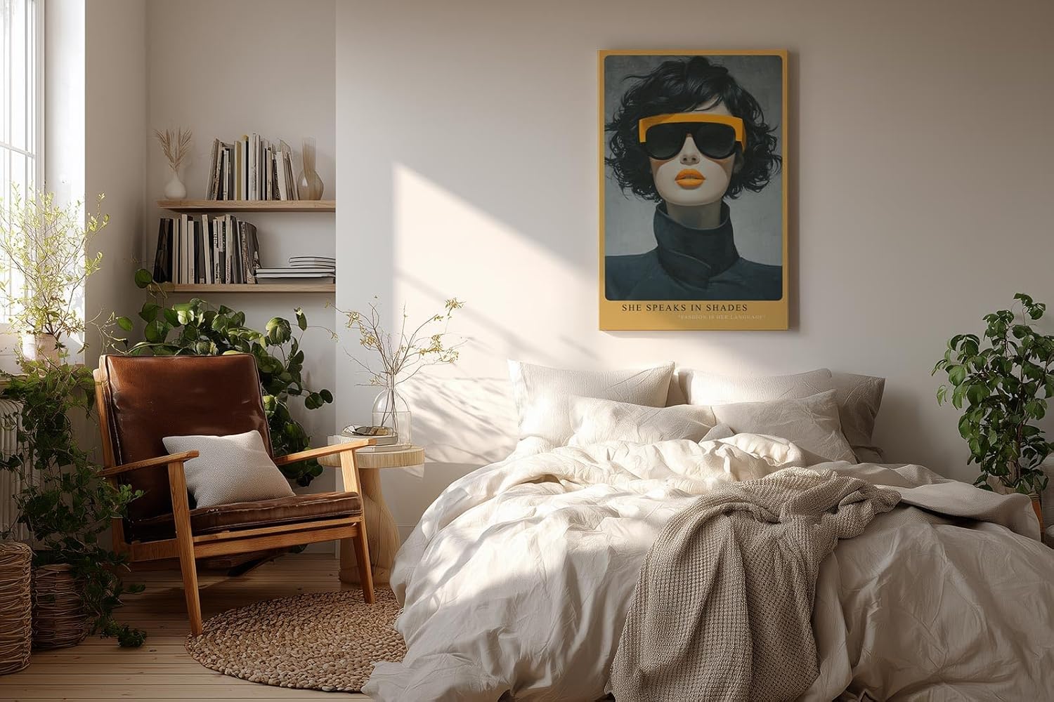 Paul Sinus Wandbild in 40x60cm She Speaks in Shades – modernes Porträt einer Frau mit gelber Sonnenbrille und Lippenstift, Fashion-Art in ausdrucksstarkem Stil