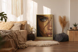 Paul Sinus Wandbild in 40x60cm The Golden Secret – Intensives Porträt mit goldener Blattoptik und blauem Auge in Nahaufnahme