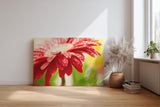 Sinus Art Wandbild 120x80cm Nahaufnahme einer roten Blüte mit glänzenden Wassertropfen – voller Frische und Dynamik