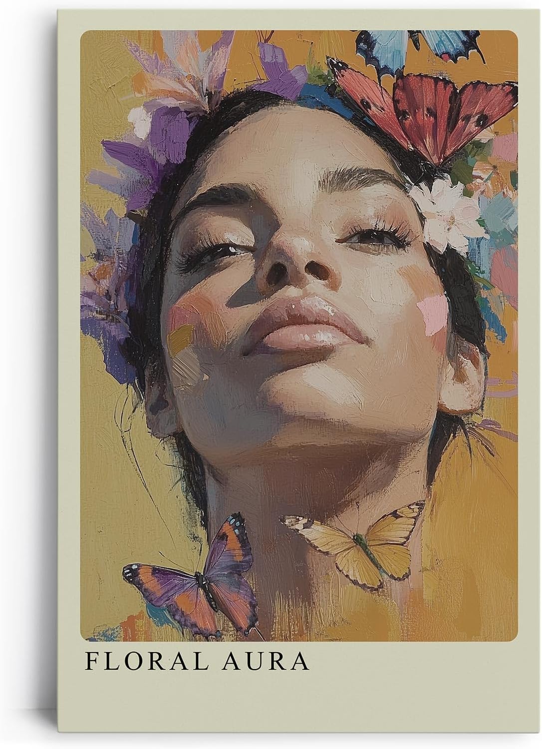 Paul Sinus Leinwandbild 40x60cm Leinwandbild Florale Aura – Ausdrucksstarkes Porträt mit Blumen und Schmetterlingen, leuchtende Farben