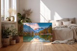 Sinus Art Wandbild 120x80cm Bunt gefärbter Herbstwald am See mit Spiegelung vor alpiner Kulisse für harmonische Raumwirkung
