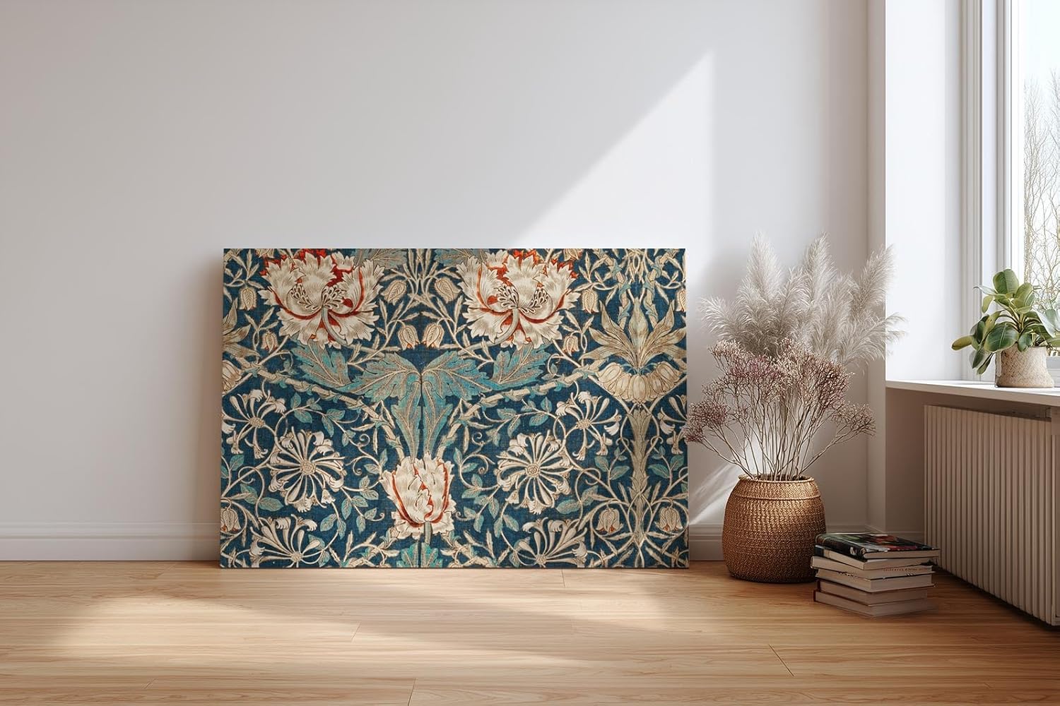 Sinus Art Wandbild 120x80cm Künstlerisch gestaltetes Blütenornament auf türkisblauem Fond mit detailreichen Linien