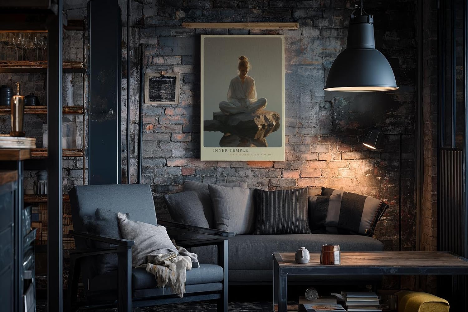 Paul Sinus Wandbild in 40x60cm Inner Temple – Meditatives Porträt einer Frau in weißem Gewand, sitzend auf einem Felsen im Wasser bei sanftem Morgenlicht, moderne Bilder in warmen Tönen