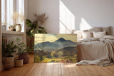 Sinus Art Wandbild 120x80cm Mächtiger Vulkan in weiter Gebirgslandschaft mit grünen Hügeln und aufgehender Sonne