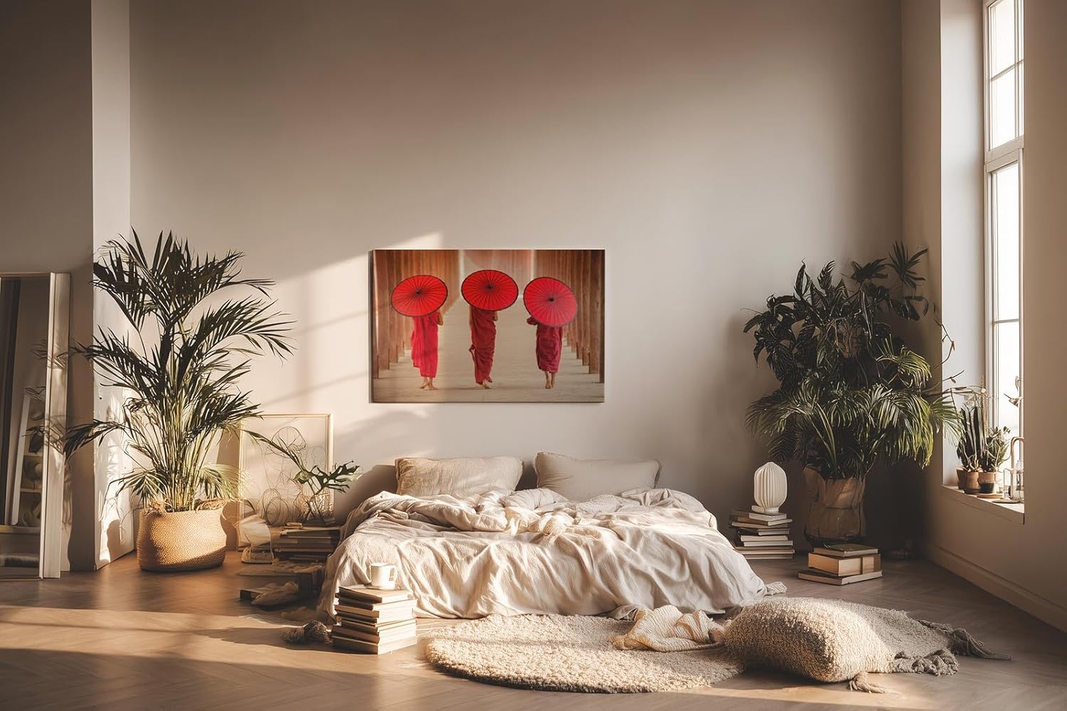 Sinus Art Wandbild 120x80cm Drei Mönche mit traditionellen Schirmen in rhythmischer Komposition