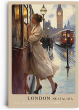 Paul Sinus Leinwandbild 60x90cm London Nostalgie – Romantische Szene einer Frau in Vintage-Kleidung, die in London in eine Straßenbahn einsteigt