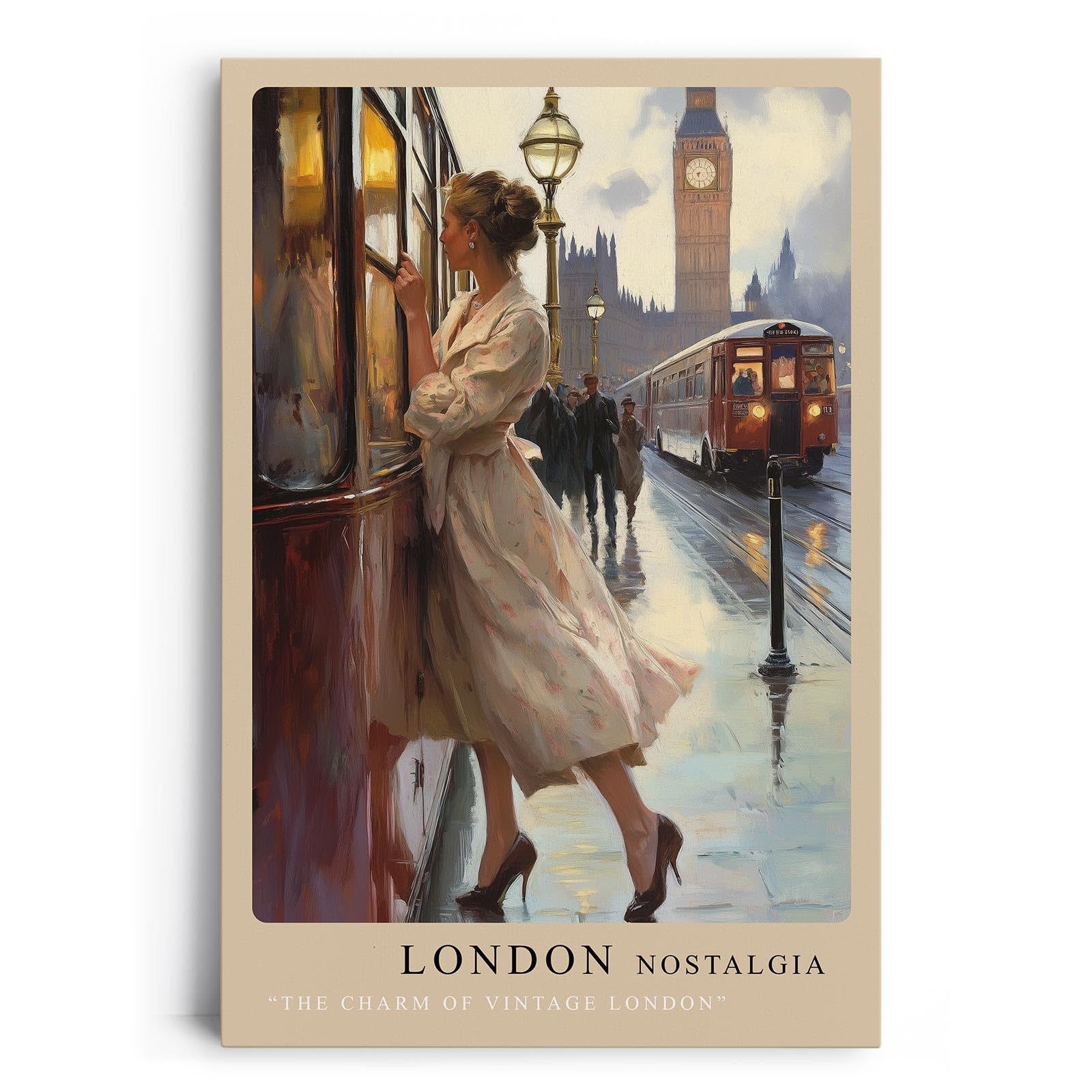 Paul Sinus Leinwandbild 60x90cm London Nostalgie – Romantische Szene einer Frau in Vintage-Kleidung, die in London in eine Straßenbahn einsteigt