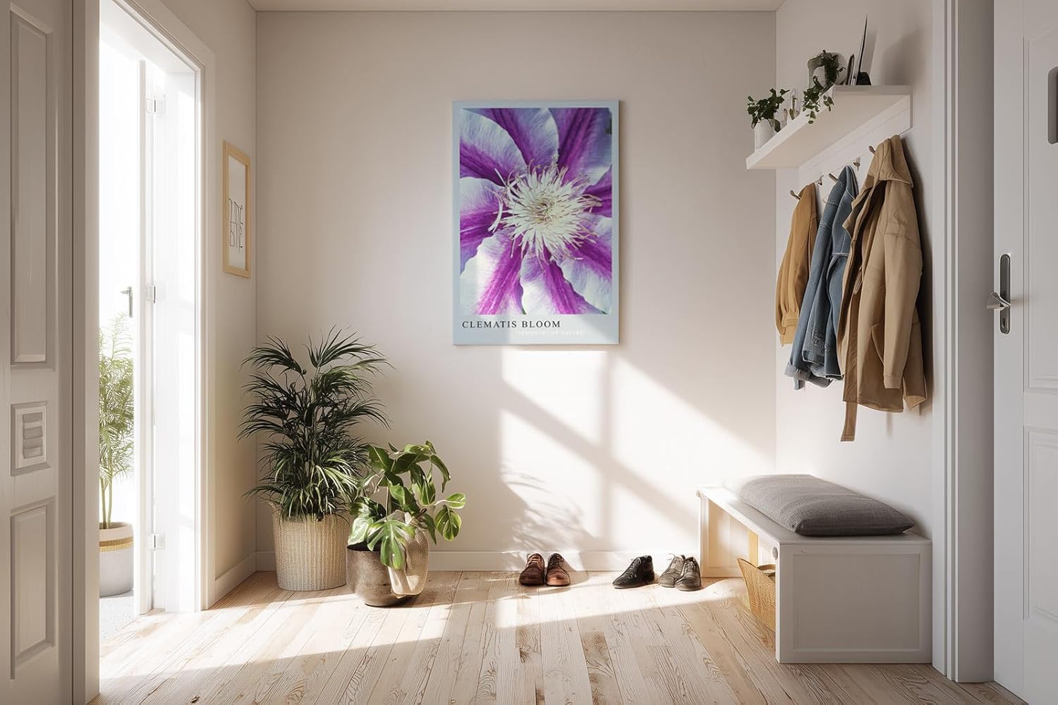 Paul Sinus Kunstdruck 40x60cm Clematis Bloom – violett-weiße Blüte in symmetrischer Komposition mit Fokus auf Zentrum