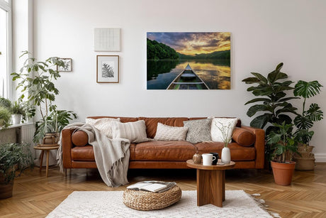 Sinus Art Wandbild 120x80cm Blick vom Boot auf stillen See im Abendlicht – meditativ, klar und inspirierend