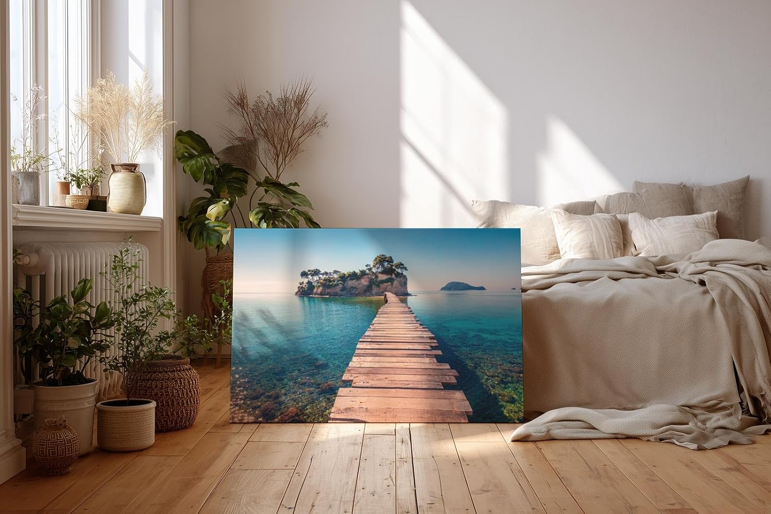 Sinus Art Wandbild 120x80cm Holzsteg führt zur Insel im klaren Meer – Symbol für Freiheit und Fernweh