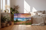 Sinus Art Wandbild 120x80cm Farbige Bergwiese mit Nebelschwaden und dramatischem Himmel für emotionale Raumwirkung