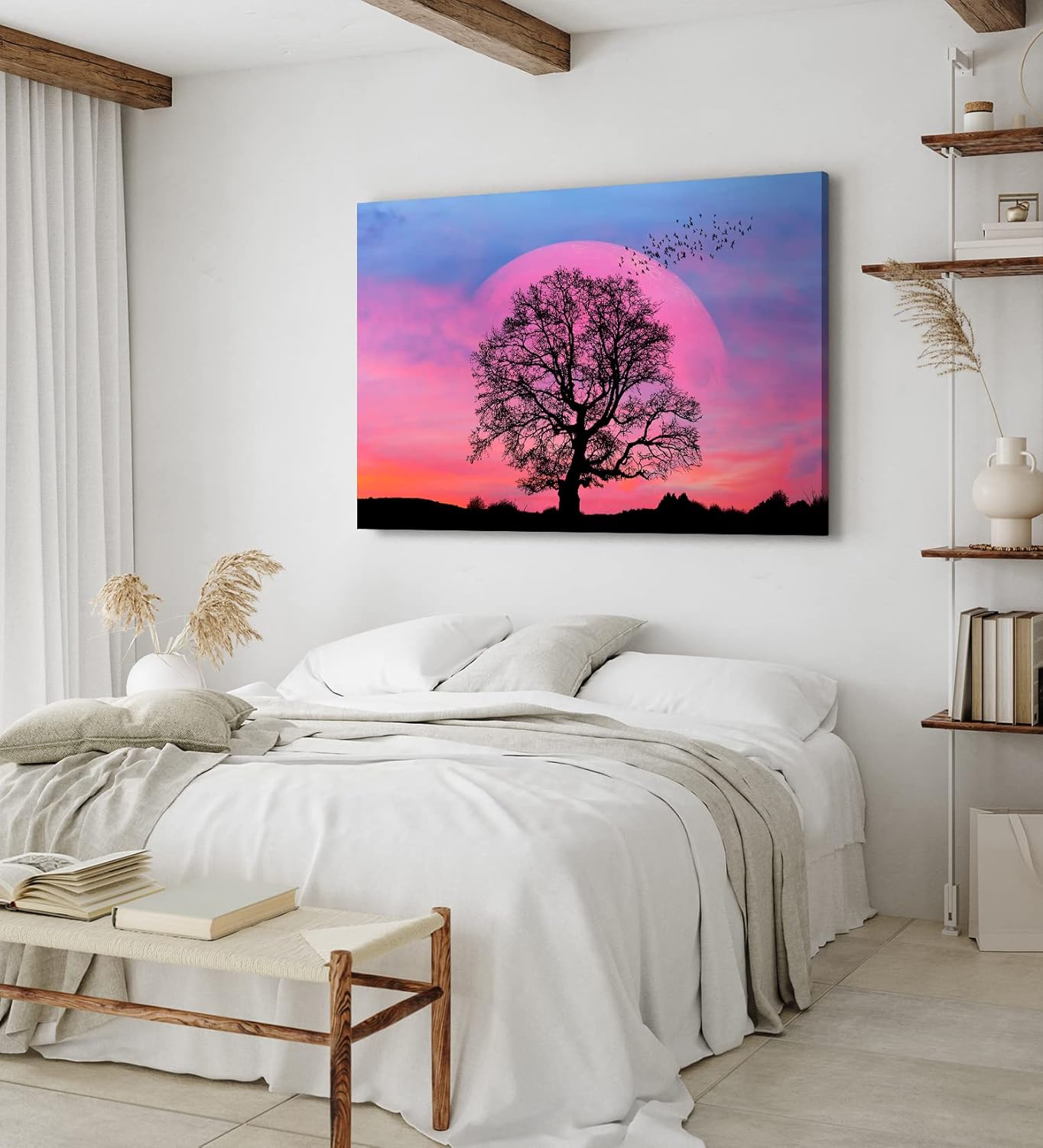 Paul Sinus Wandbild 120x80cm Baum Vollmond Nacht Fantasievoll Vögel Rosa