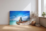 Sinus Art Wandbild 120x80cm Tropischer Küstenblick mit traditioneller Bootskulisse und türkisblauem Wasser