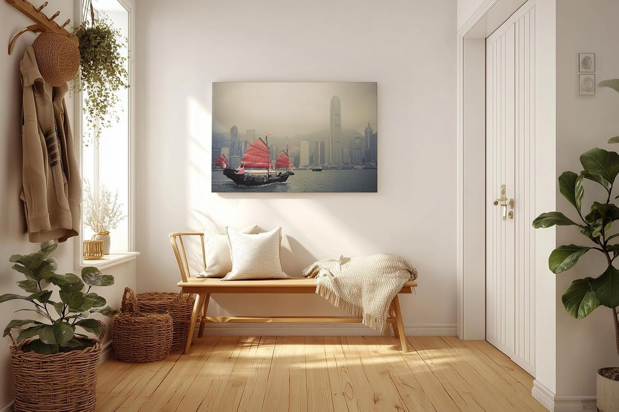Sinus Art Wandbild 120x80cm Die rote Dschunke bildet einen spannenden Kontrast zur modernen Skyline im Hintergrund
