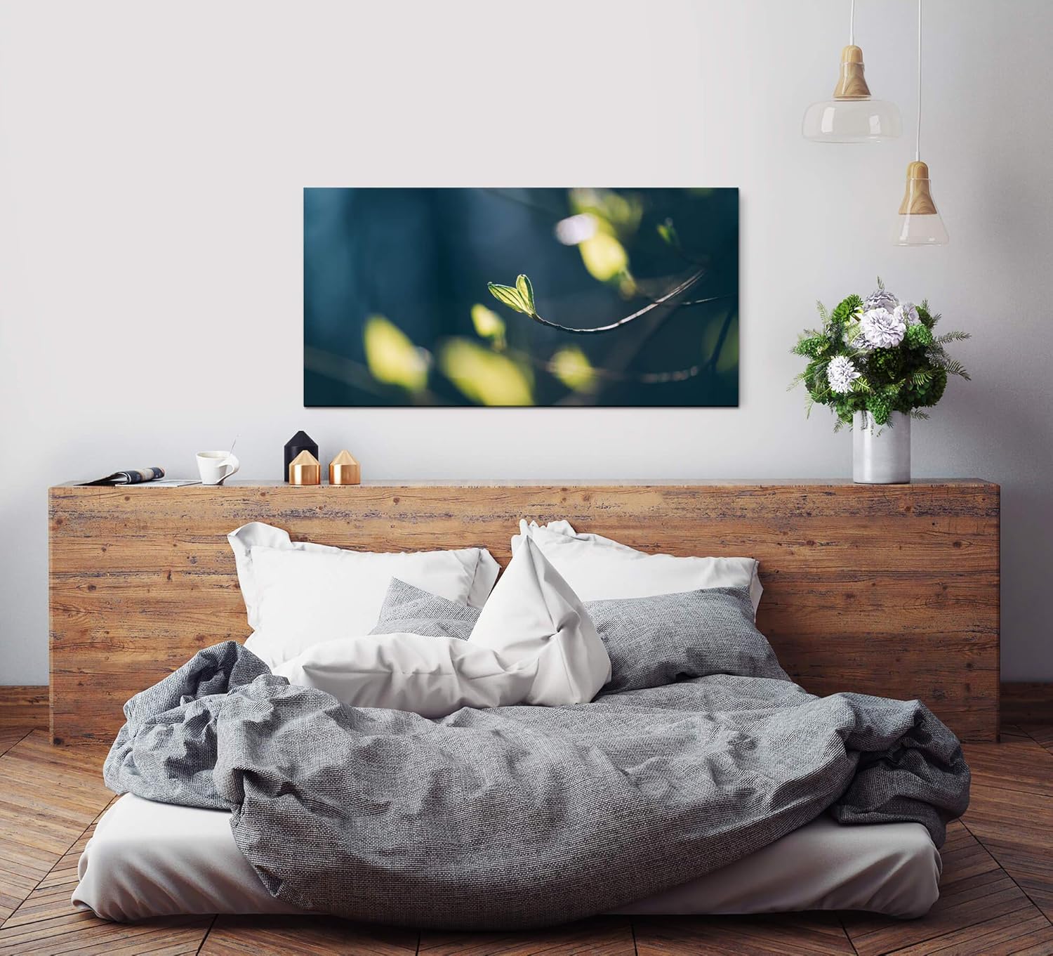 Knospen an einem Ast ca. 130x70cm Wandbild inklusive Schattenfugenrahmen schwarz - Panorama Leinwand Bild XXL Format Wandbilder Wohnzimmer Wohnung Deko Kunstdrucke