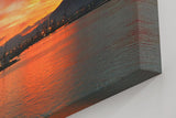 Sinus Art Wandbild 120x80cm Atmosphärisches Hafenszenario mit Silhouetten und leuchtendem Himmel über markanter Vulkanform
