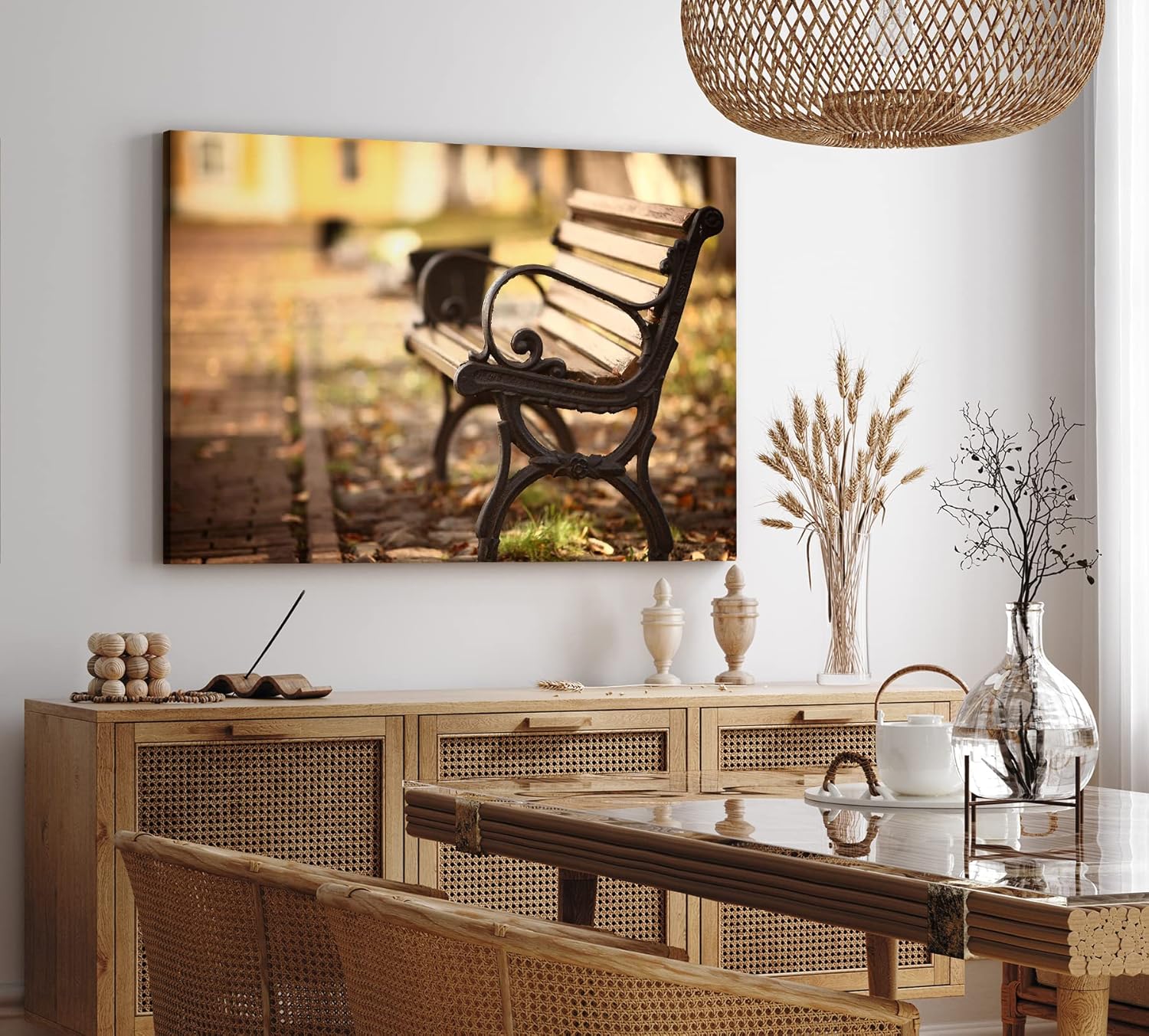 Wandbild 120x80cm Sitzbank Holzbank Park Herbst Sonnenschein