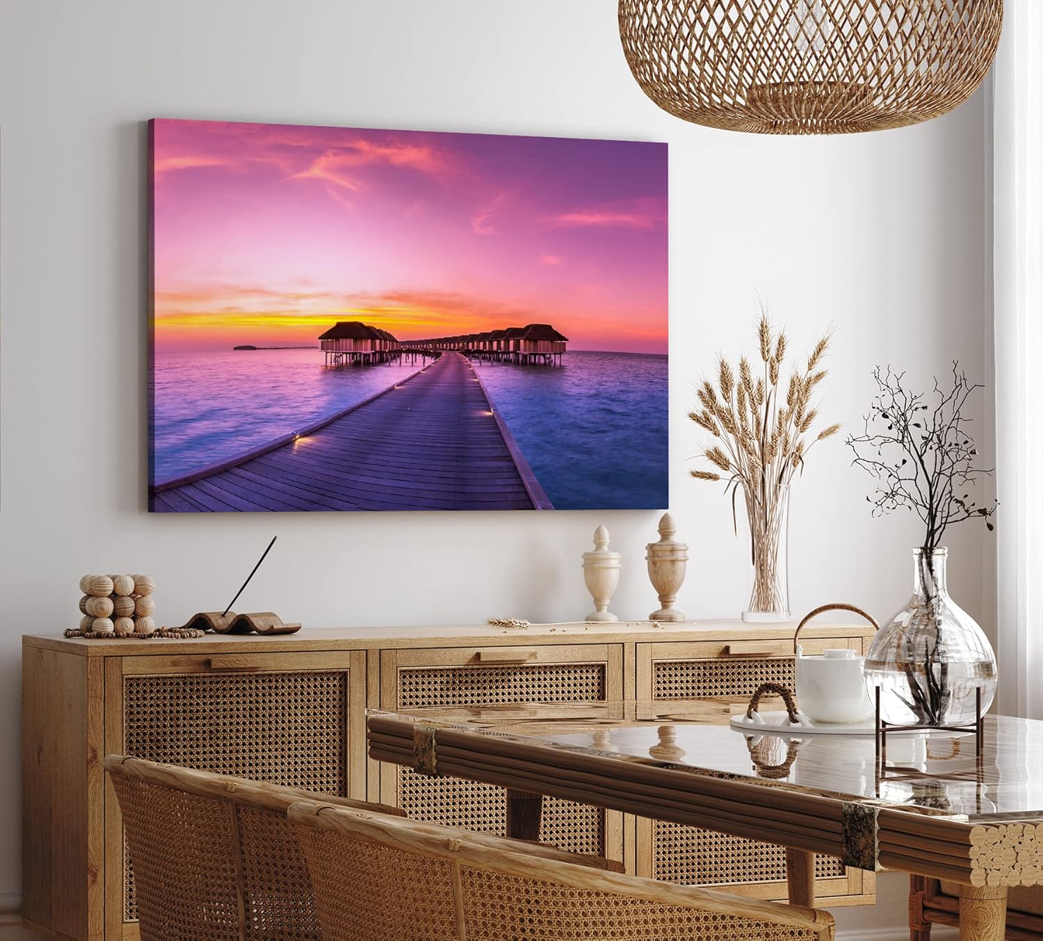 Paul Sinus Wandbild 120x80cm Malediven Meer Holzsteg Sonnenuntergang Bungalows