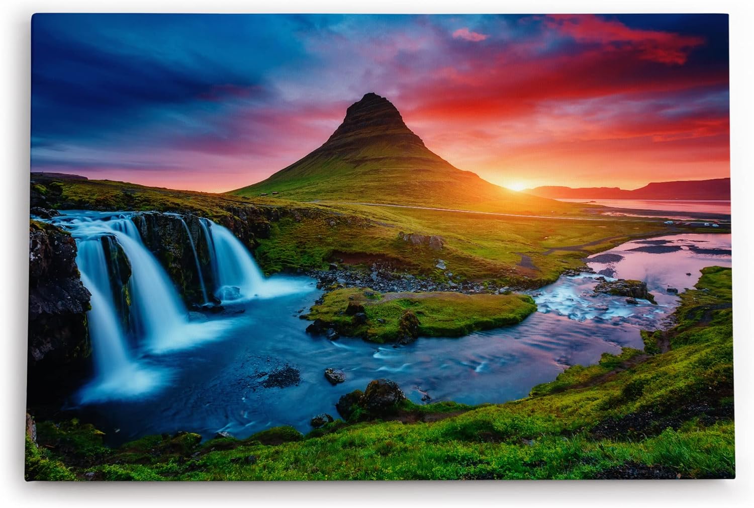 Paul Sinus Wandbild 120x80cm Island Landschaft Berg Wasserfall Grün Sonnenuntergang