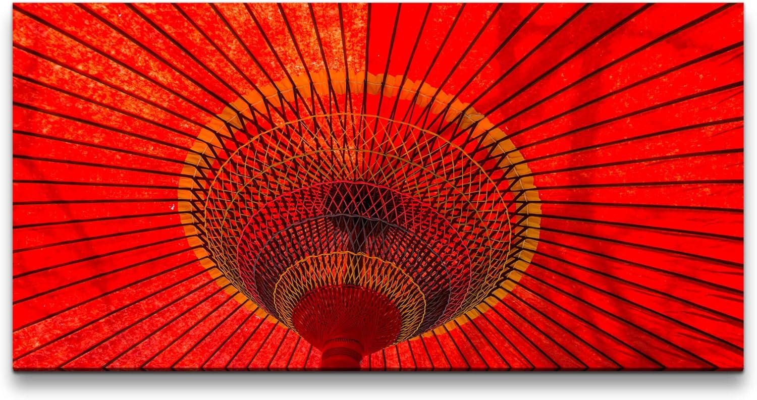 Japanischer Regenschirm ca. 130x70cm Wandbild inklusive Schattenfugenrahmen schwarz - Panorama Leinwand Bild XXL Format Wandbilder Wohnzimmer Wohnung Deko Kunstdrucke
