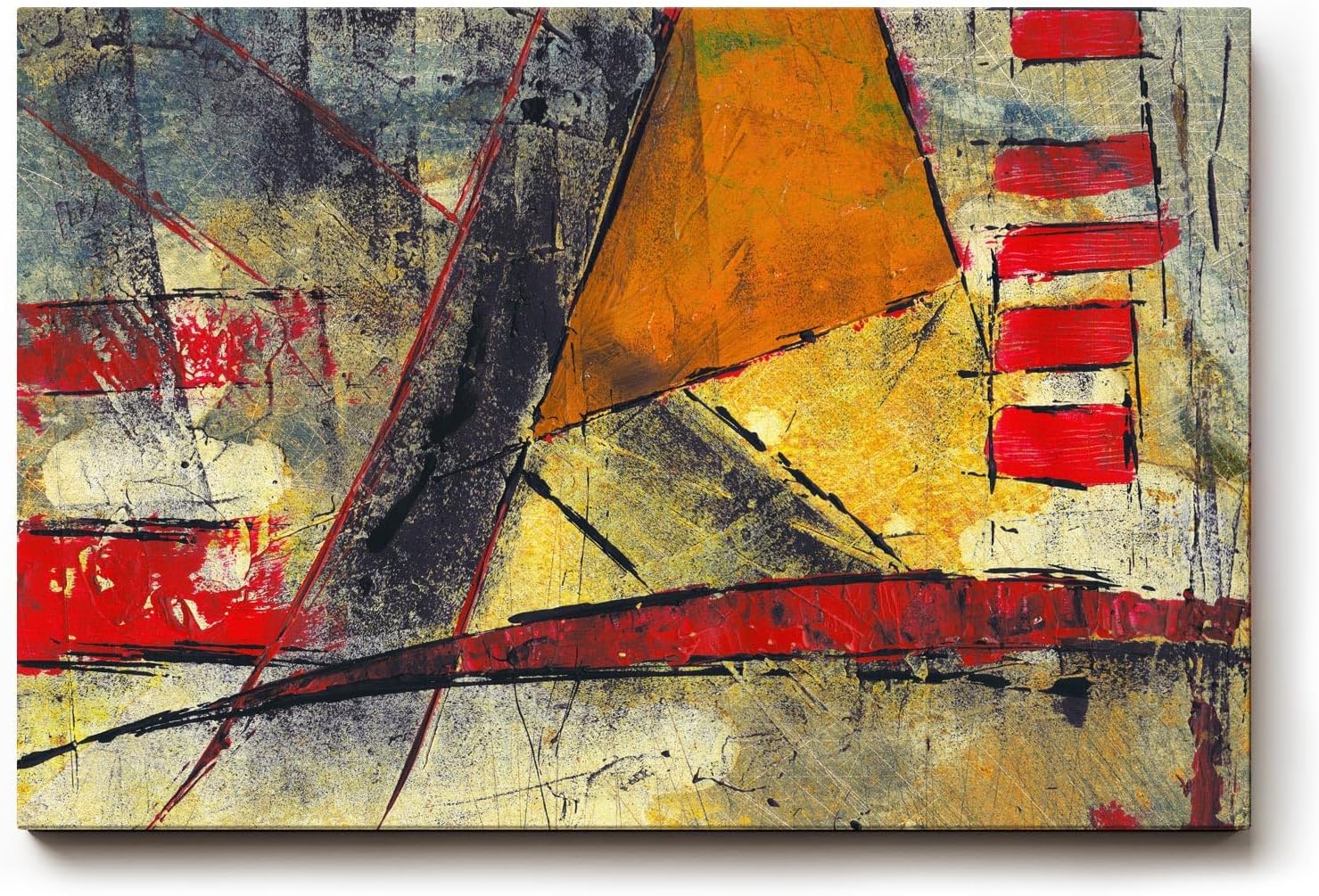 Sinus Art Wandbild 120x80cm Grafische Formen und Linien in Rot, Gelb und Schwarz auf strukturreichem Untergrund