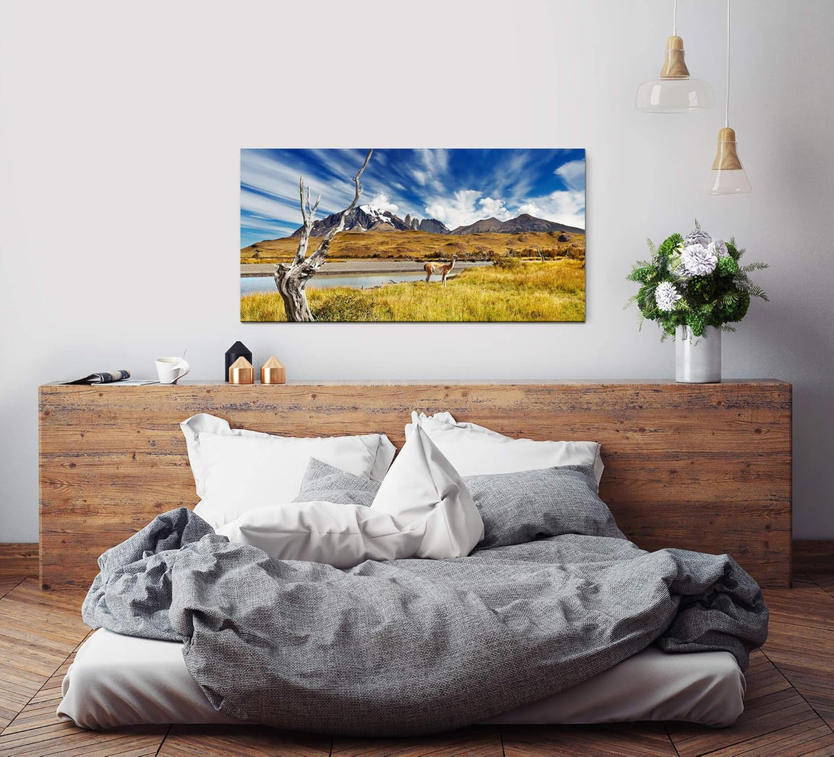 Tiere in Chile ca. 130x70cm Wandbild inklusive Schattenfugenrahmen weiss - Panorama Leinwand Bild XXL Format Wandbilder Wohnzimmer Wohnung Deko Kunstdrucke