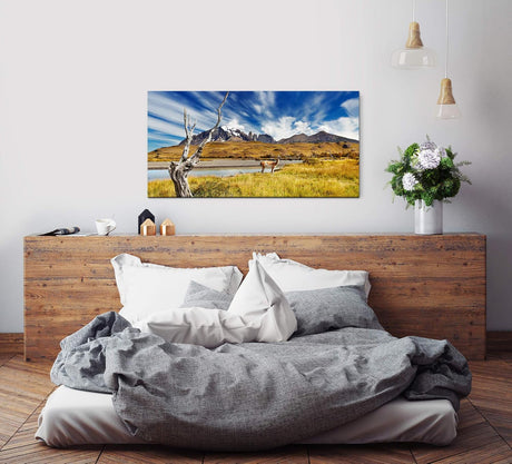 Tiere in Chile ca. 130x70cm Wandbild inklusive Schattenfugenrahmen weiss - Panorama Leinwand Bild XXL Format Wandbilder Wohnzimmer Wohnung Deko Kunstdrucke
