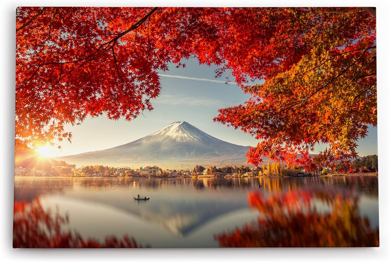 Paul Sinus Wandbild 120x80cm Japan Fuji Berg Baumkrone Herbstblätter Fischerboot