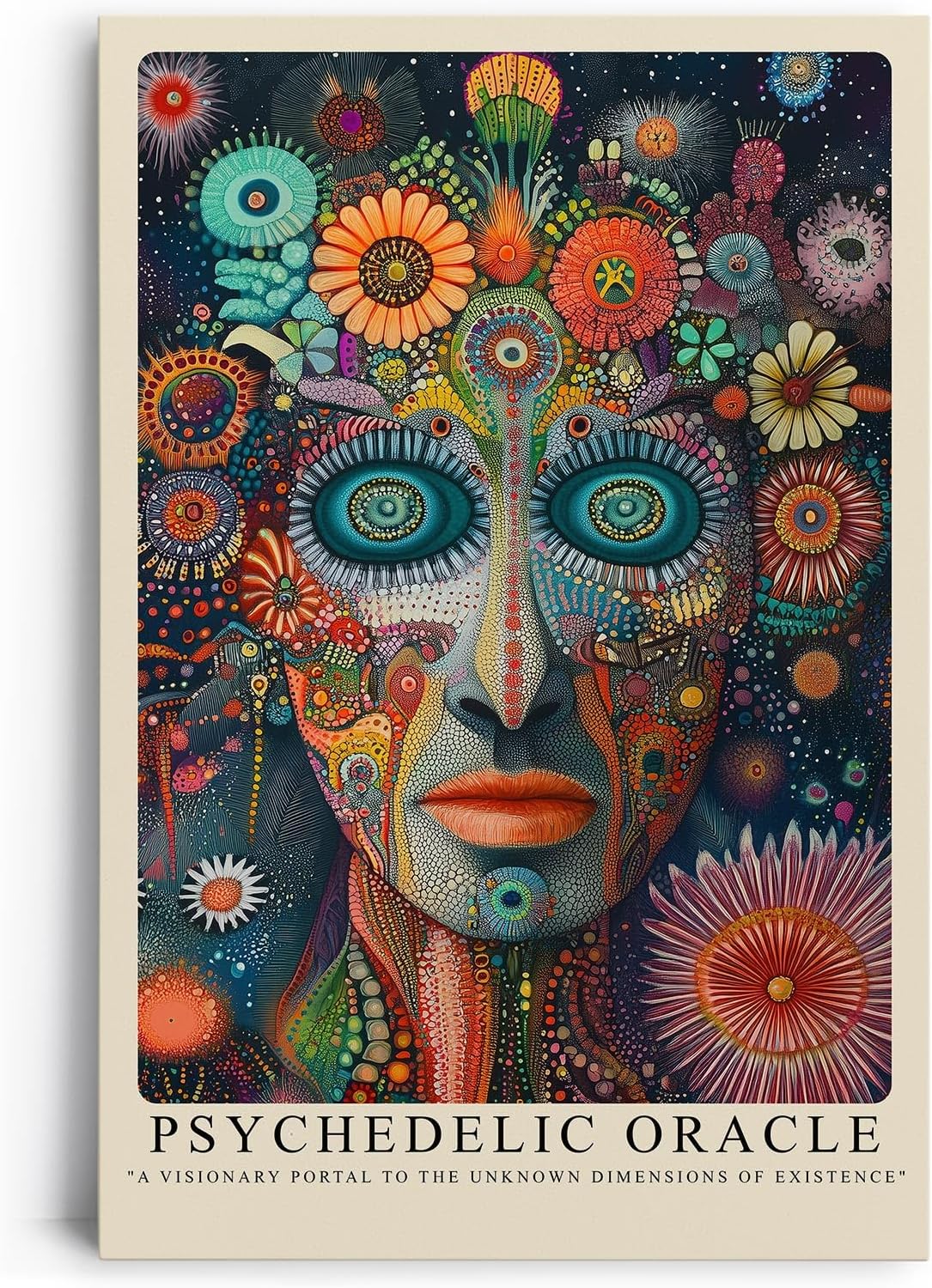 Paul Sinus Leinwandbild 60x90cm Psychedelisches Orakel – Visionäres Porträt mit leuchtenden Farben, abstrakten Mustern und surrealer Tiefenwirkung