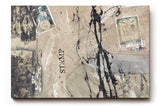 Sinus Art Wandbild 120x80cm Abstrakte Komposition aus Stempeln, Marken und Schriften auf neutralem Hintergrund