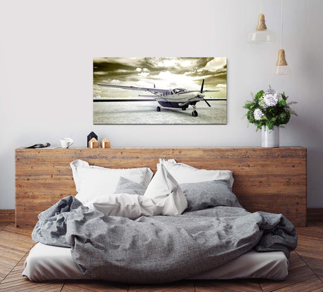 Vintage Flugzeug ca. 130x70cm Wandbild inklusive Schattenfugenrahmen schwarz - Panorama Leinwand Bild XXL Format Wandbilder Wohnzimmer Wohnung Deko Kunstdrucke