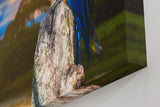 Sinus Art Wandbild 120x80cm Farbenfroher Ara auf Baumstamm mit stimmungsvoller Himmelsszenerie in der Natur