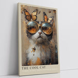 Paul Sinus Leinwandbild 80x120cm The Cool Cat Leinwandbild stilvolle Katze mit goldener Sonnenbrille und Schmetterlingen kreative Kunst mit Vintage-Ästhetik