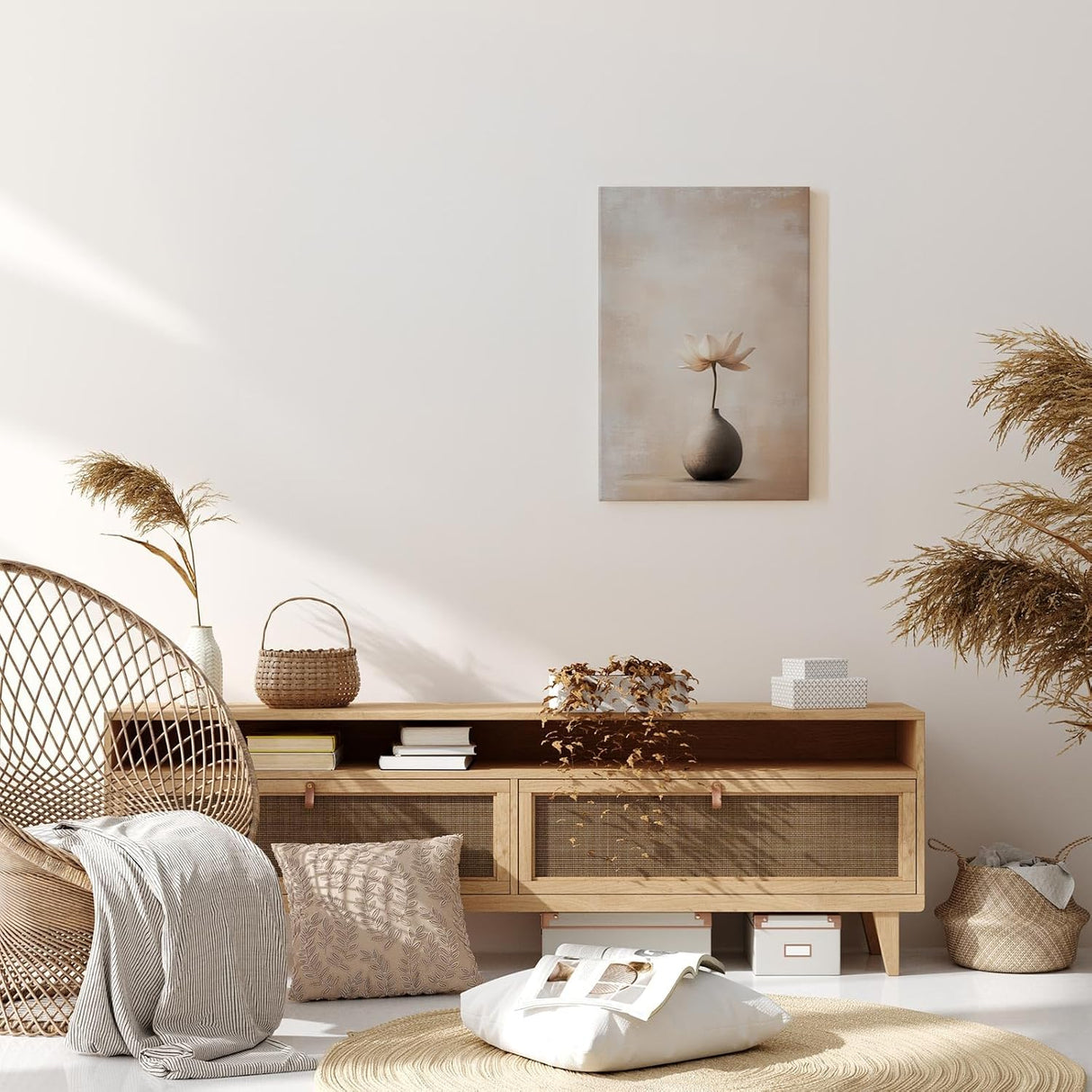 Paul Sinus 60x90cm Wandbild Zarte Eleganz in Beige – Minimalistisches Blumenmotiv mit ruhiger Ausstrahlung für stilvolle Räume